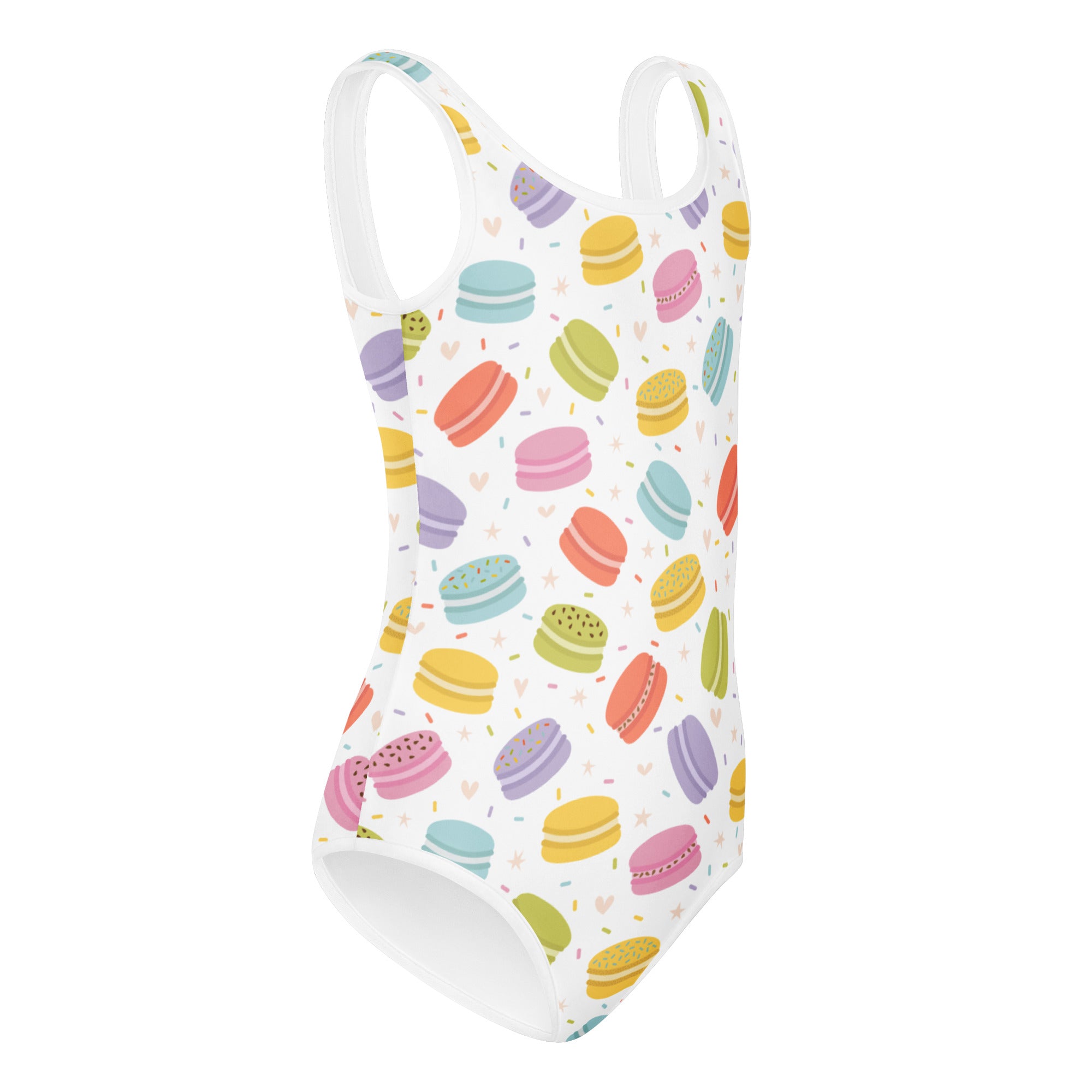 Girls pastel macaron buttery soft white leotard with colorful macaron pattern quick drying for dance and gymnastics