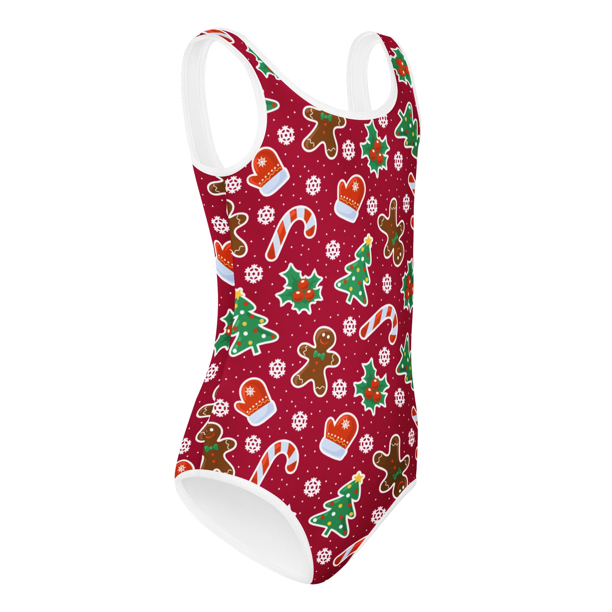 Girls red gingerbread christmas buttery soft quick drying leotard with festive candy cane and tree pattern for dance and gymnastics
