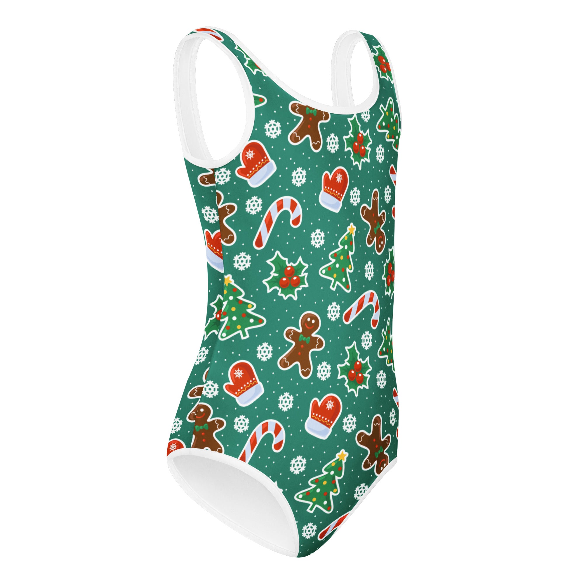 Girls green gingerbread christmas buttery soft quick drying leotard with festive pattern for dance and gymnastics