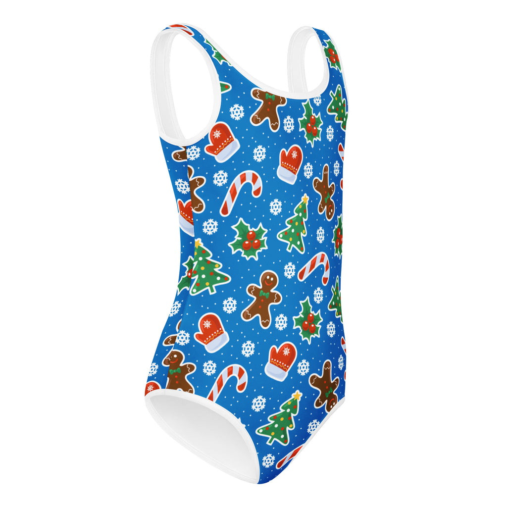 Girls blue gingerbread christmas buttery soft one-piece swimsuit with white trim featuring festive patterns for dance and gymnastics