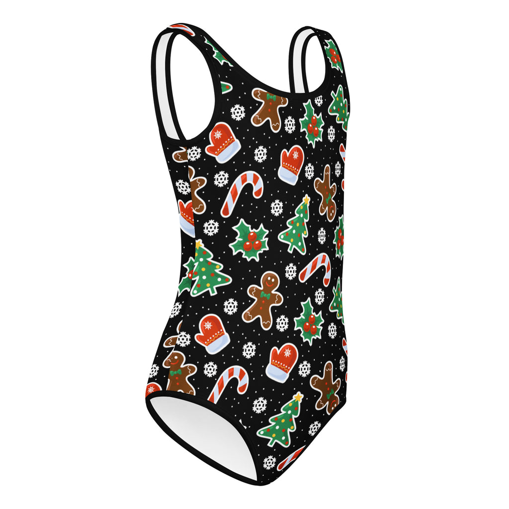 Girls black gingerbread Christmas buttery soft quick drying leotard with festive print for dance and gymnastics