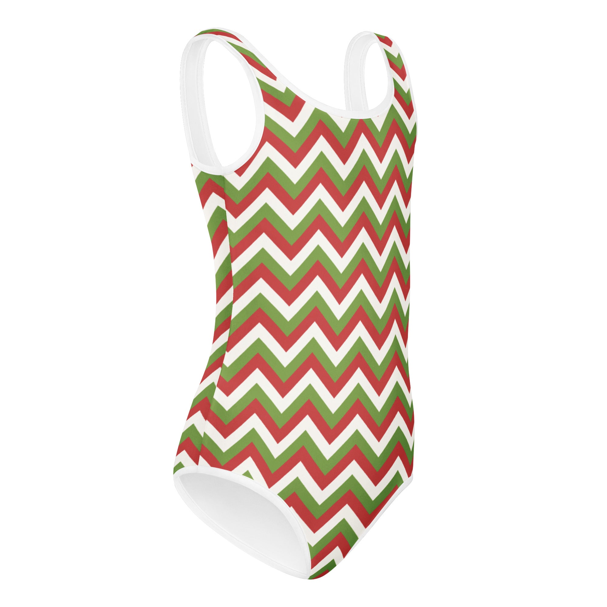 Girls chevron Christmas buttery soft one-piece swimsuit in red and green with white trim for dance and gymnastics