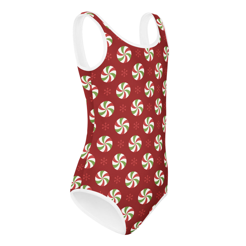 Girls peppermint candy Christmas buttery soft red leotard with white and green swirls and snowflakes for dance and gymnastics