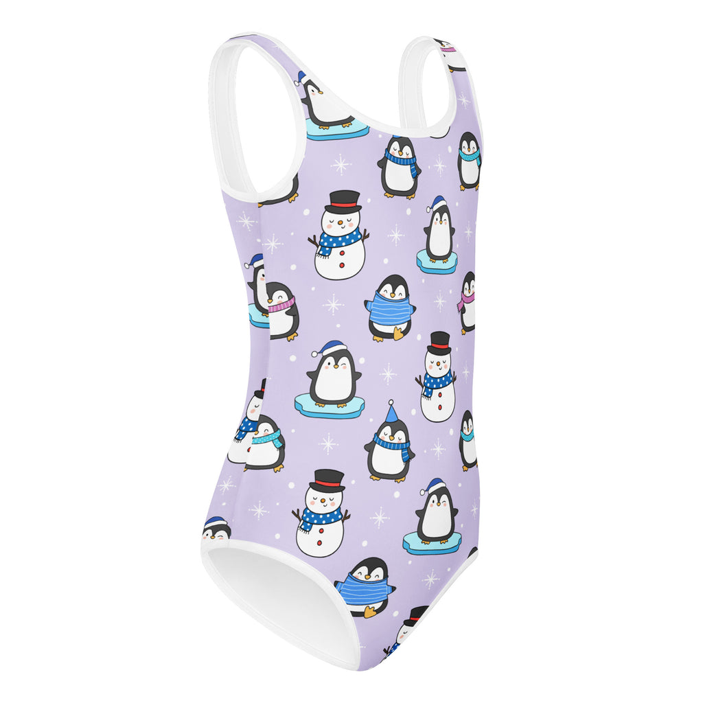 Girls lavender winter penguin and snowman buttery soft leotard with white trim quick drying for dance and gymnastics