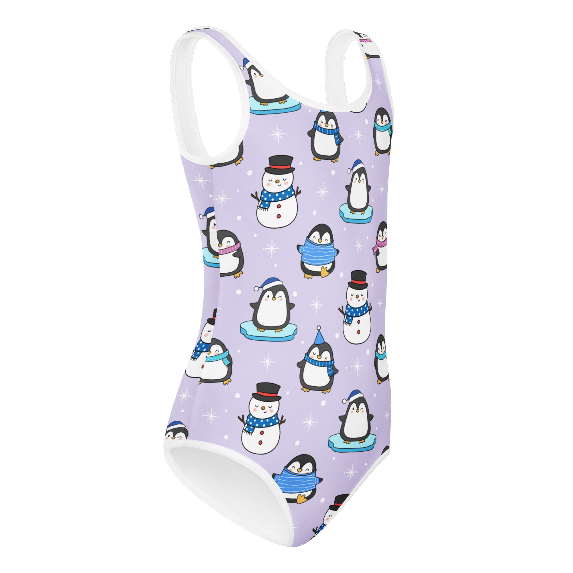Girls lavender winter penguin and snowman buttery soft leotard with white trim quick drying for dance and gymnastics