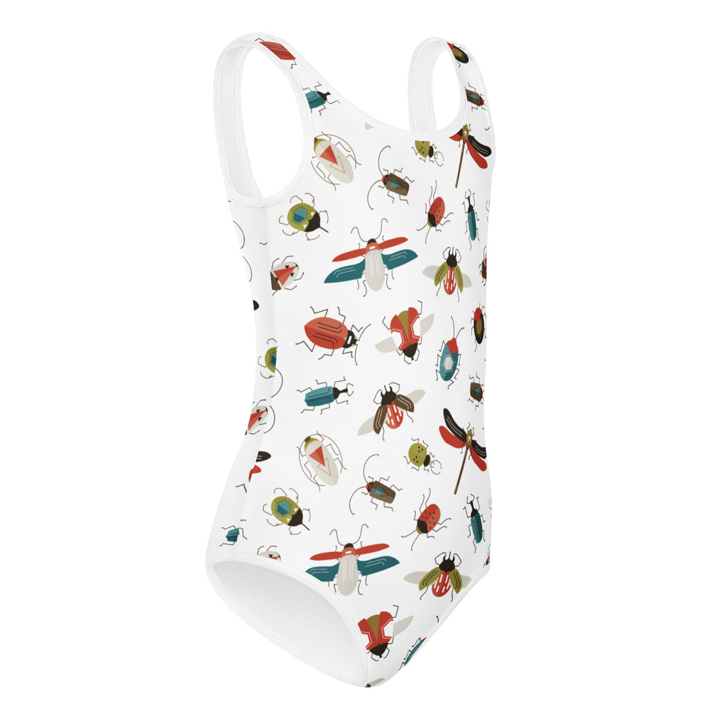 White one-piece swimsuit with colorful insect and dragonfly pattern buttery soft quick drying for dance and gymnastics