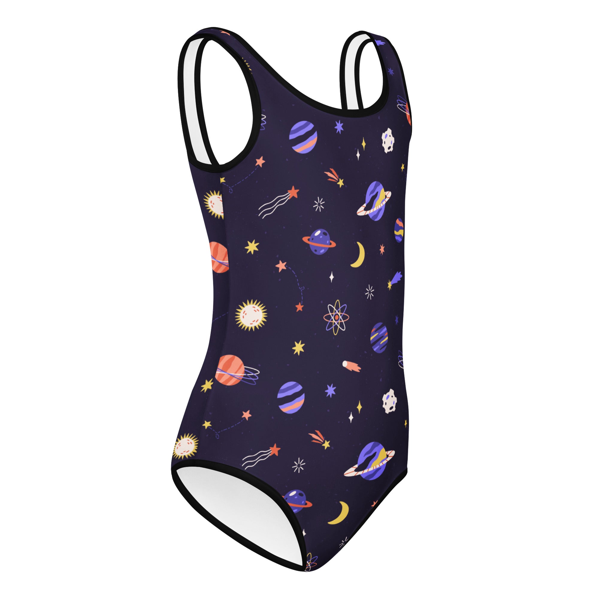 Girls purple galaxy space buttery soft navy blue one-piece swimsuit with colorful planets for dance and gymnastics