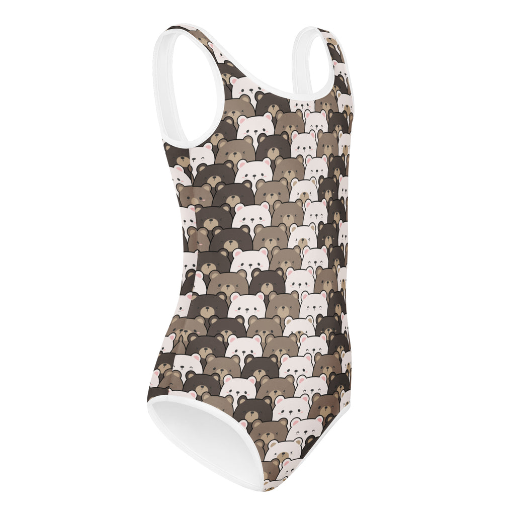 Girls bear face buttery soft one-piece swimsuit with playful brown and white bear pattern and white trim for dance and gymnastics
