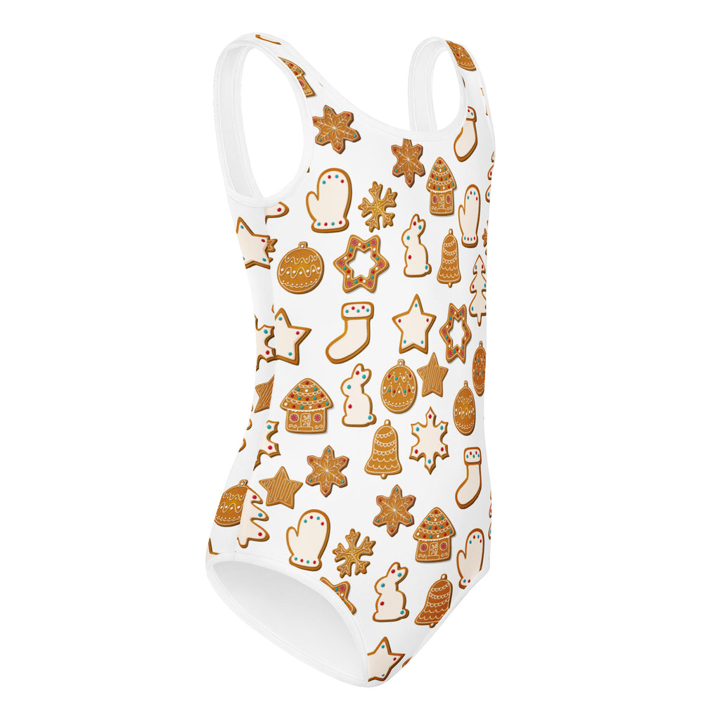 White one-piece swimsuit with festive gingerbread cookie pattern in brown and gold buttery soft quick drying for gymnastics