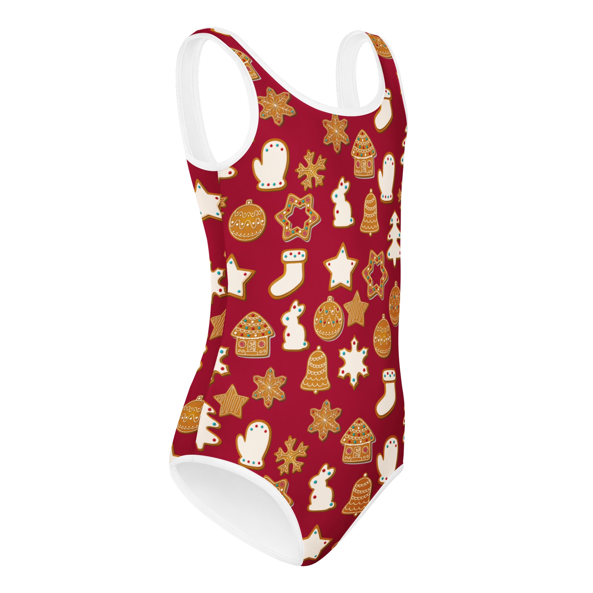 Girls red festive gingerbread cookies buttery soft quick drying one-piece swimsuit for dance and gymnastics