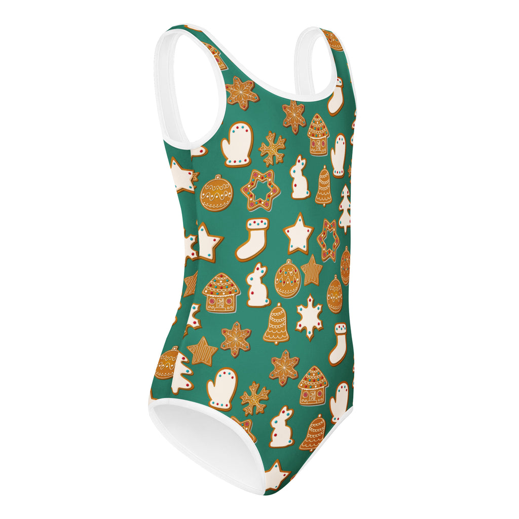 Girls green festive gingerbread cookies buttery soft one-piece swimsuit with holiday motifs quick drying for dance and gymnastics