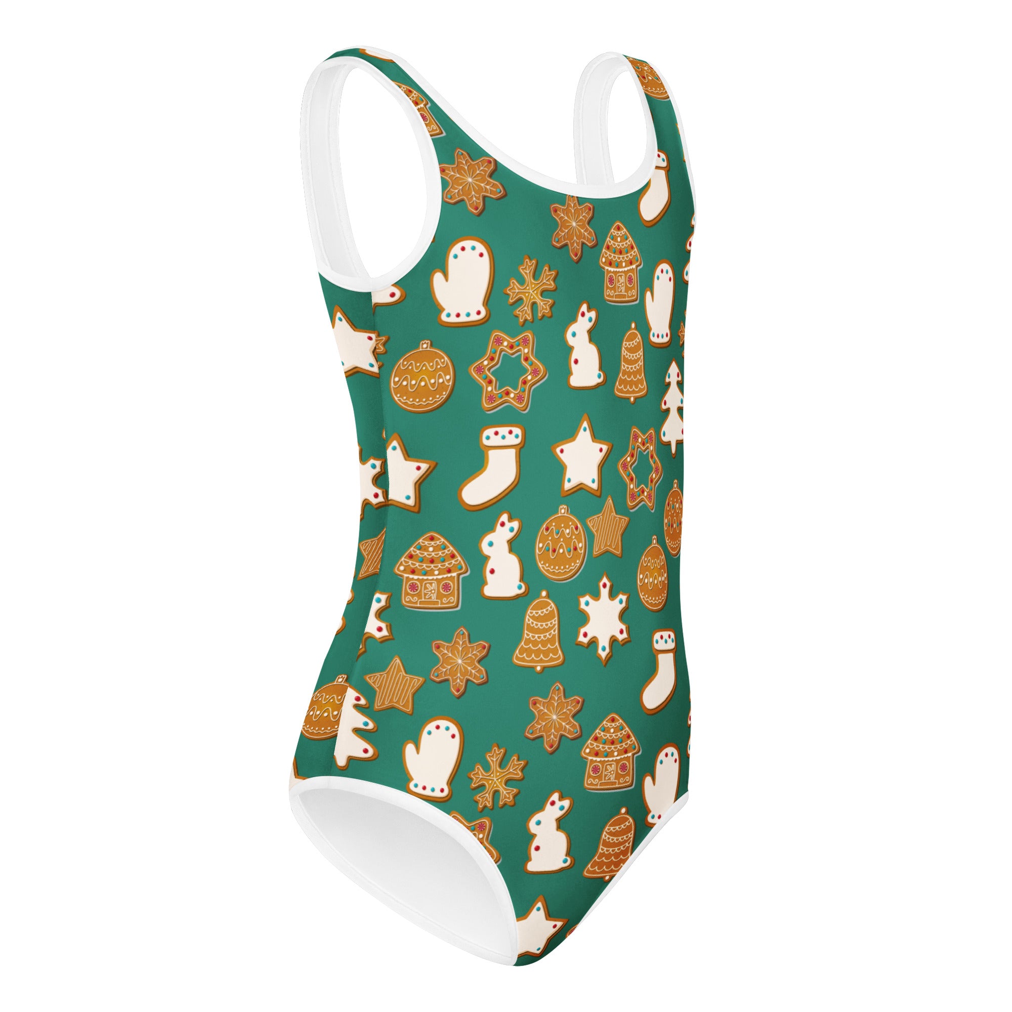 Girls green festive gingerbread cookies buttery soft one-piece swimsuit with holiday motifs quick drying for dance and gymnastics