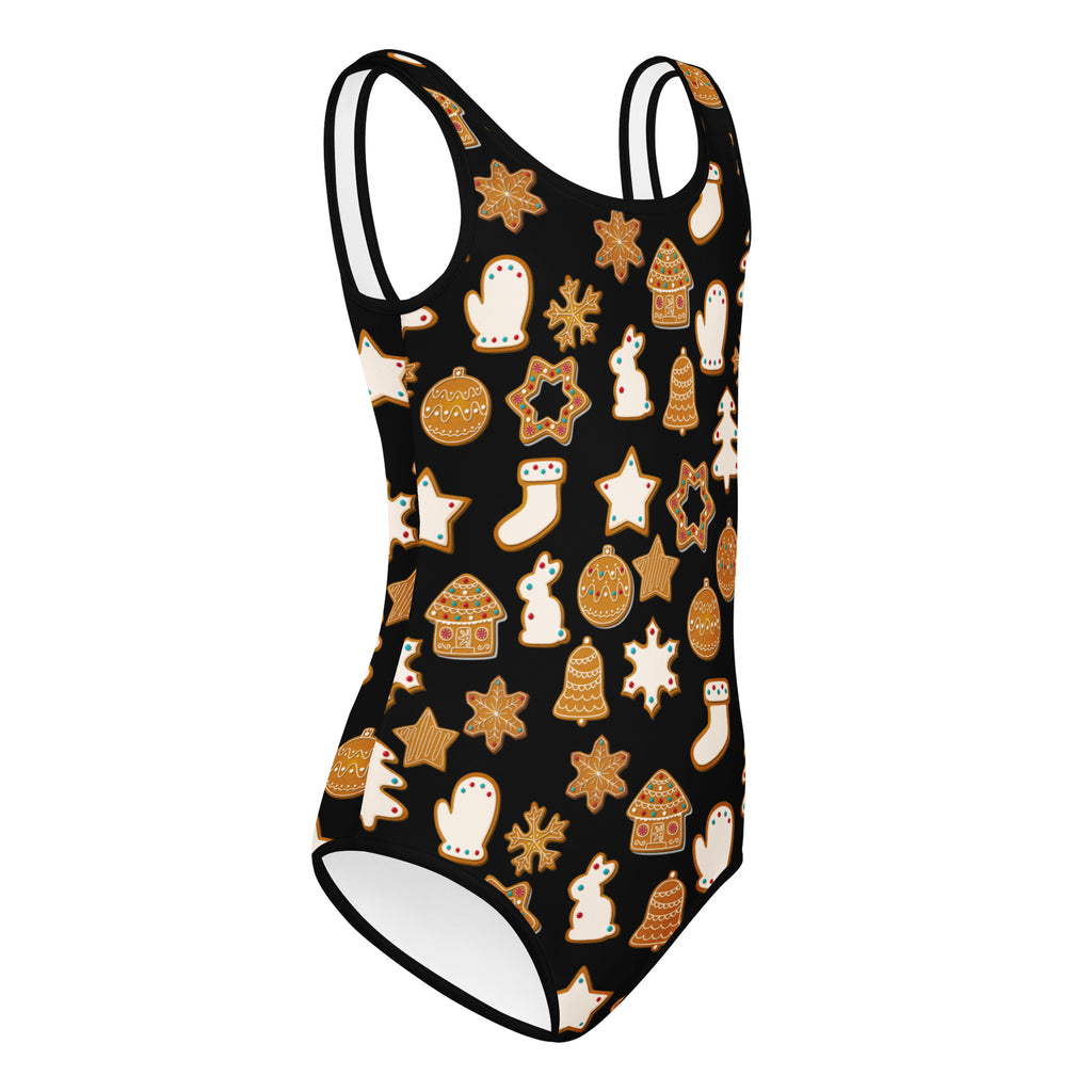 Girls black festive gingerbread cookies buttery soft quick drying leotard with gold and white gingerbread pattern