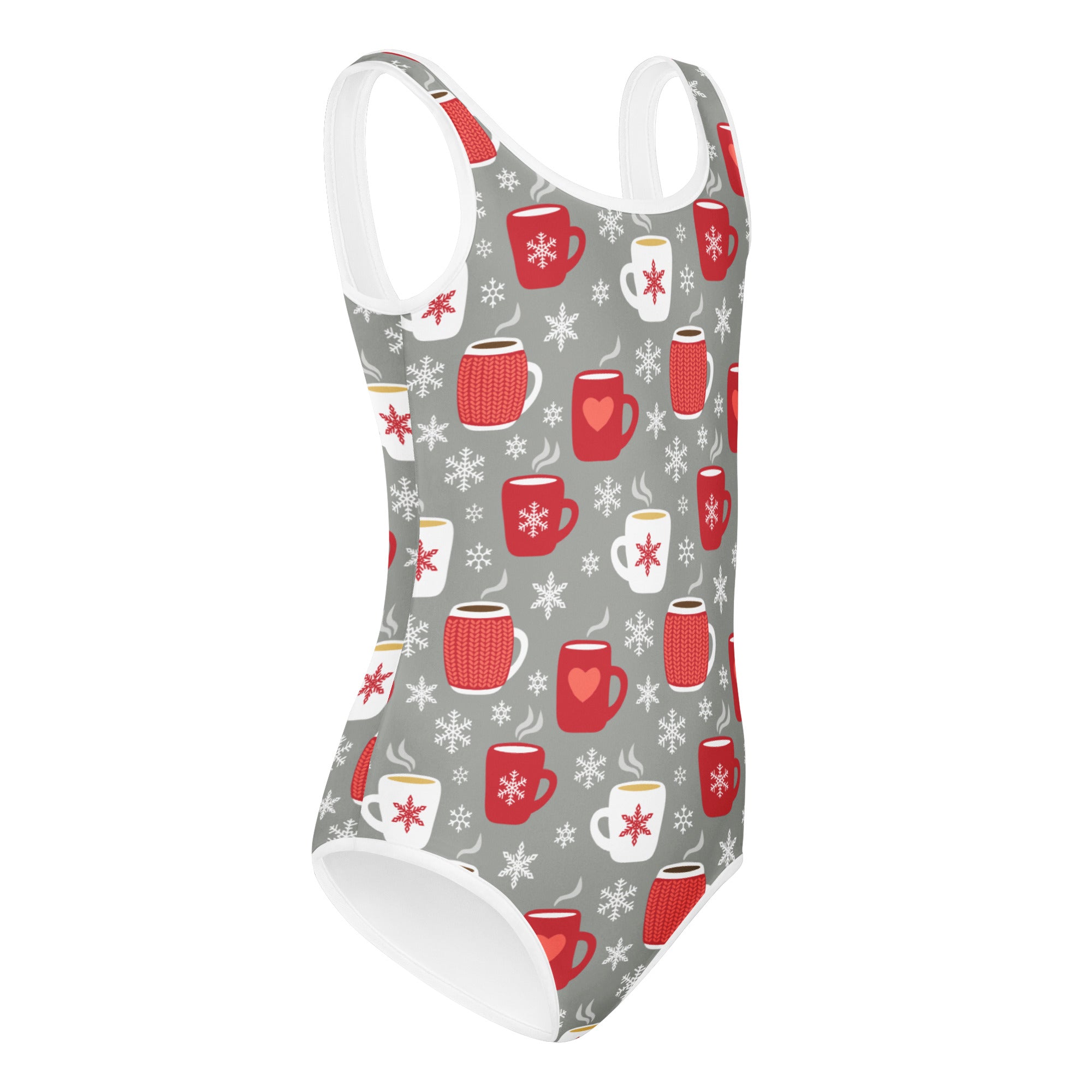 Gray girls buttery soft one-piece swimsuit with white trim and festive red and white hot cocoa mug pattern for dance and gymnastics