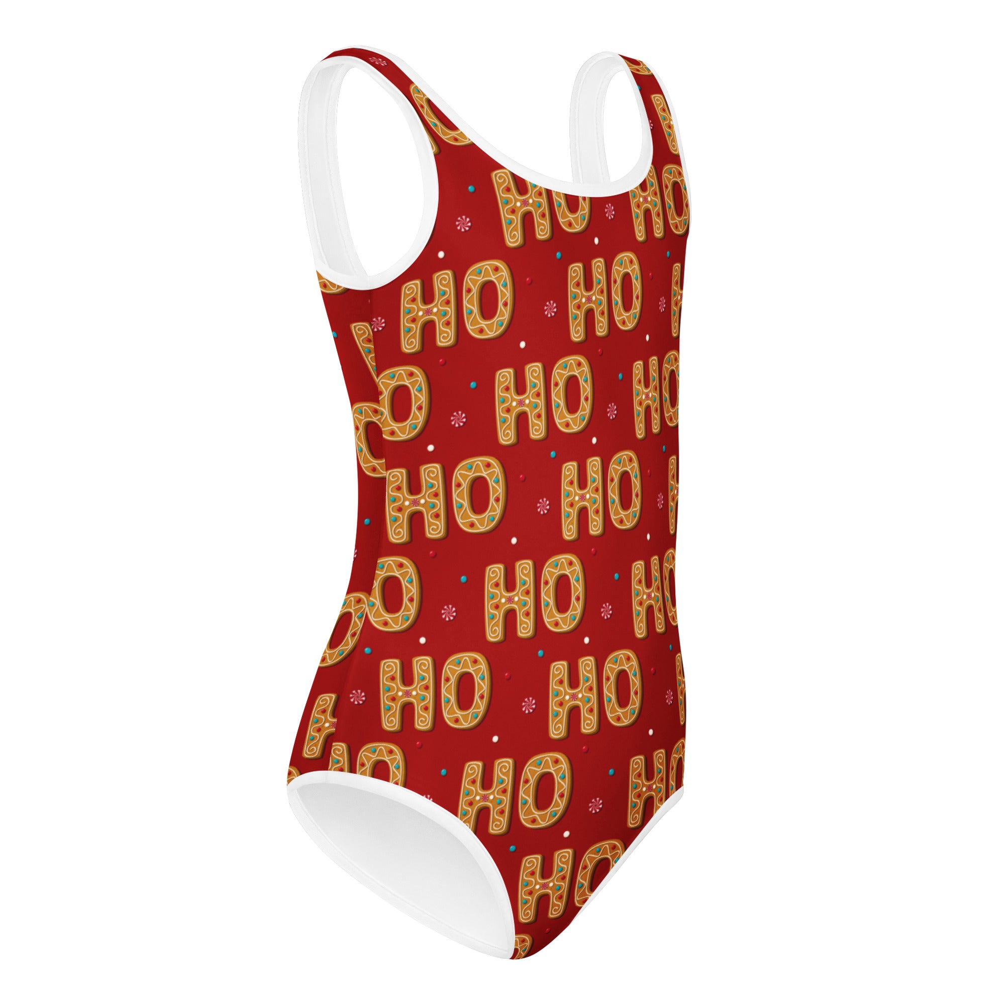 Girls ho ho ho gingerbread buttery soft red leotard with white trim quick drying for dance and gymnastics