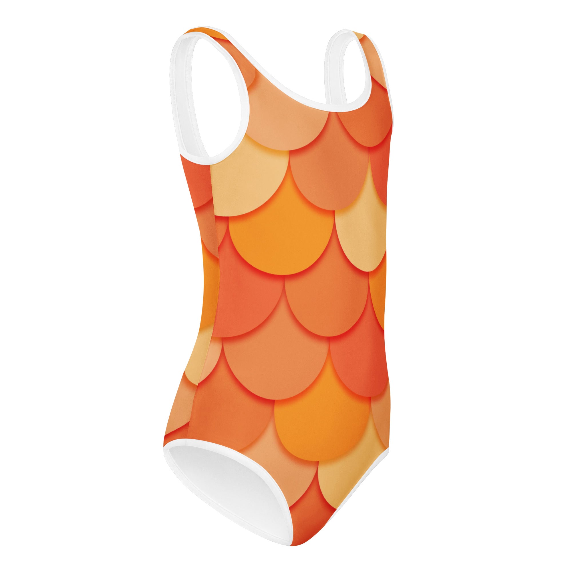 Girls orange mermaid buttery soft one-piece swimsuit with fish-scale pattern and white trim for dance and gymnastics