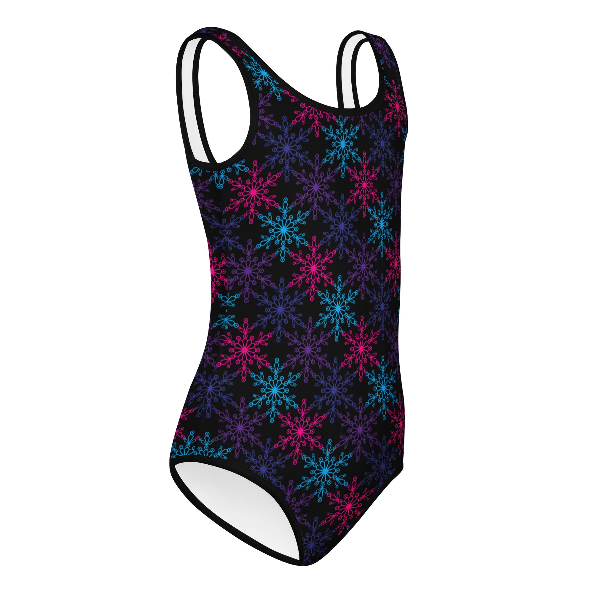 A black one-piece girls neon snowflake buttery soft leotard with vibrant pink blue purple pattern for dance and gymnastics