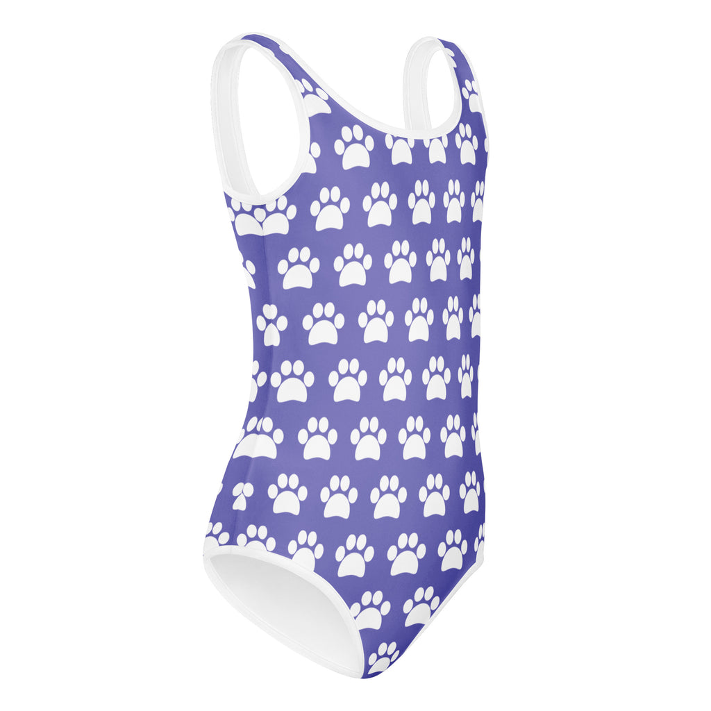 Girls purple paw print buttery soft leotard with white trim quick drying for dance and gymnastics