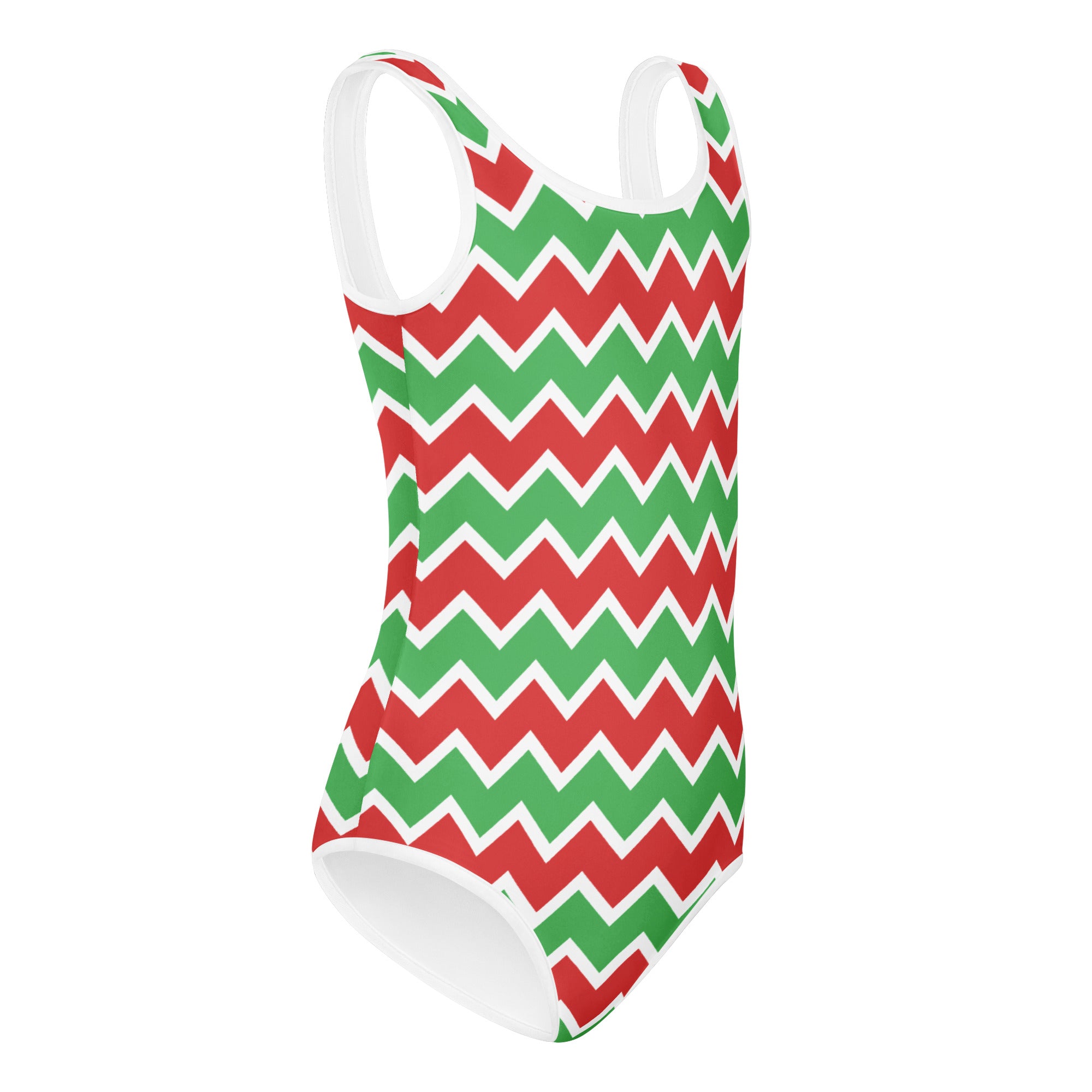 Girls christmas zigzag pattern buttery soft one-piece swimsuit in red and green chevron with white trim for dance and gymnastics