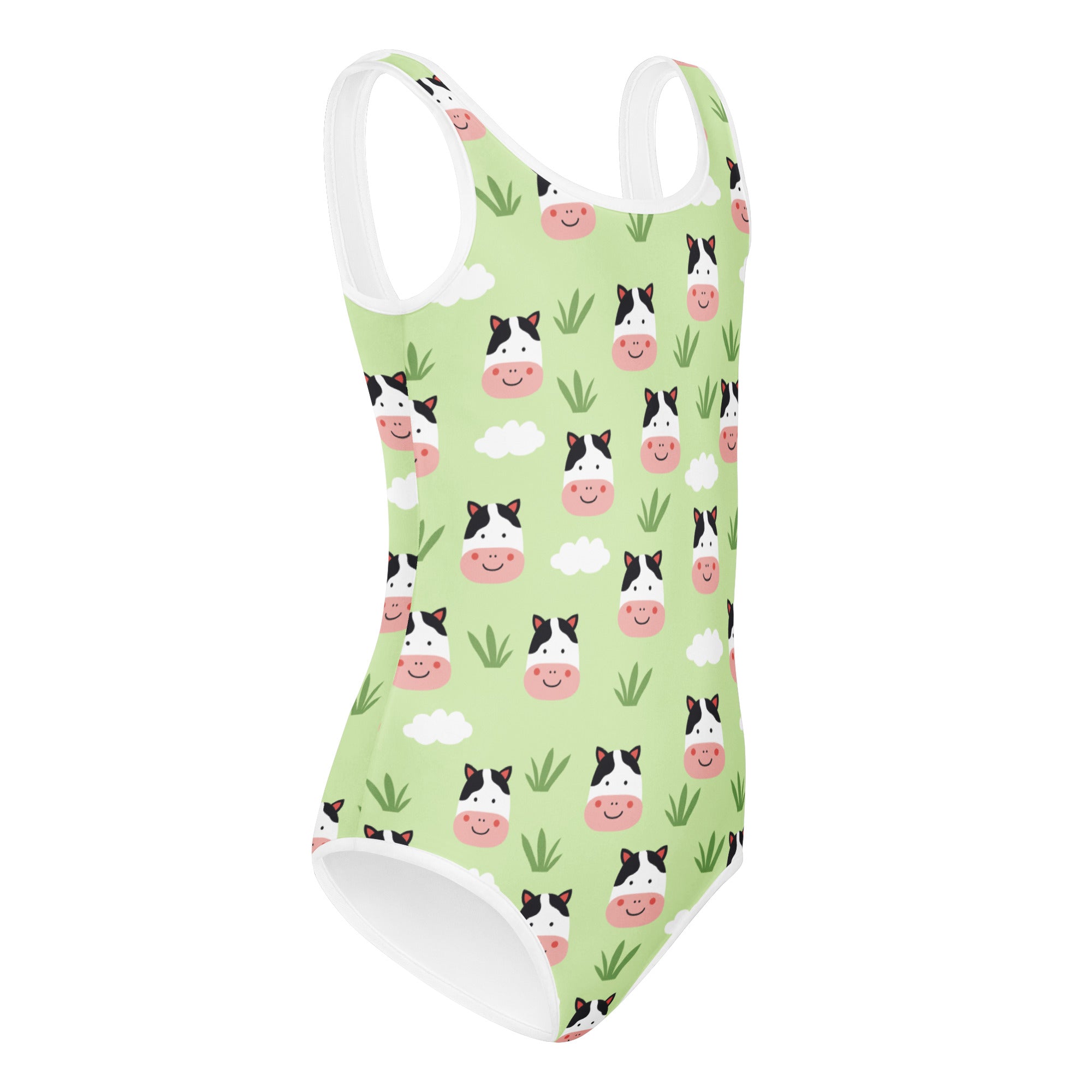 A light green girls cow print buttery soft leotard with white straps and quick drying fabric for dance and gymnastics