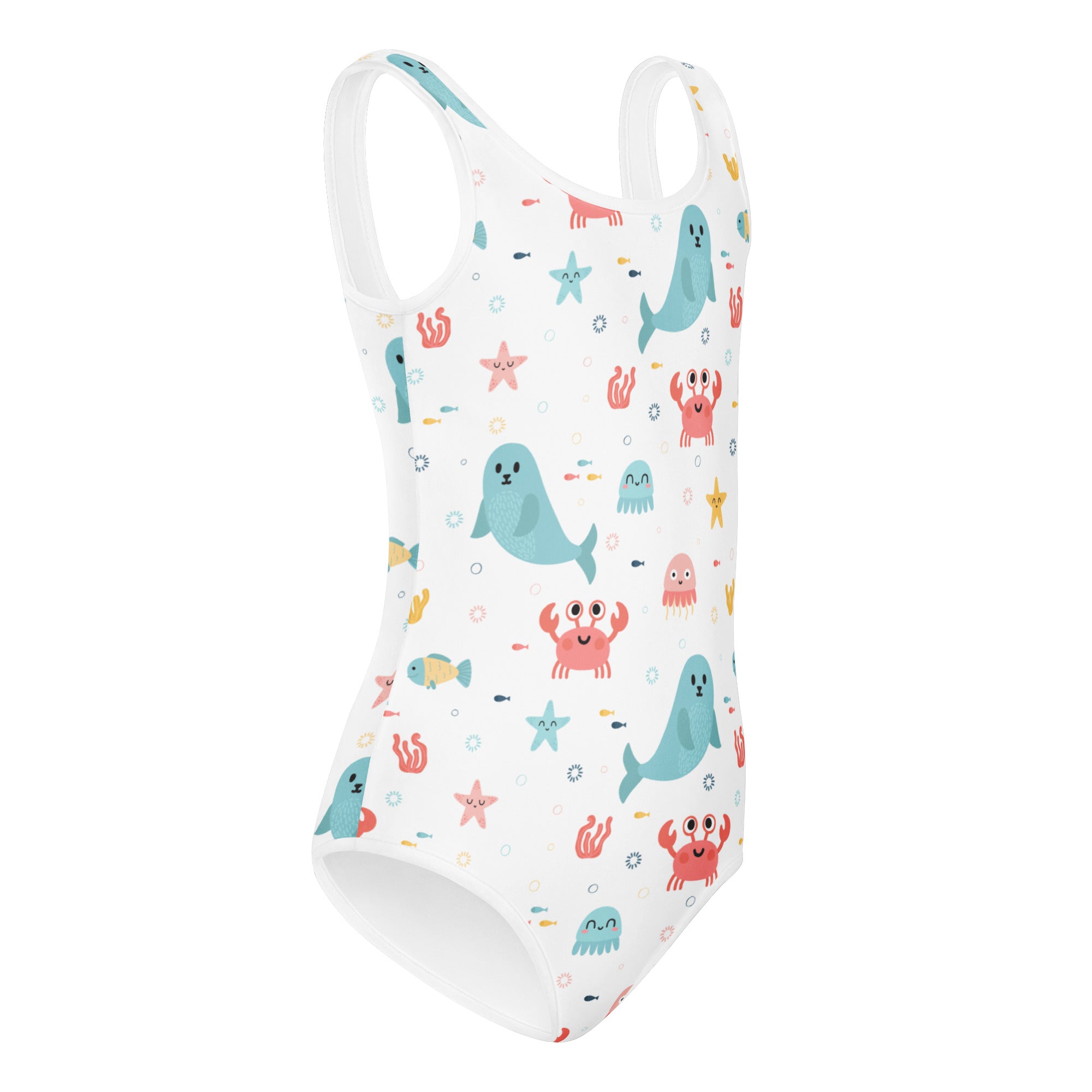 White girls ocean animals buttery soft one-piece swimsuit with teal seals pink crabs starfish quick drying for dance