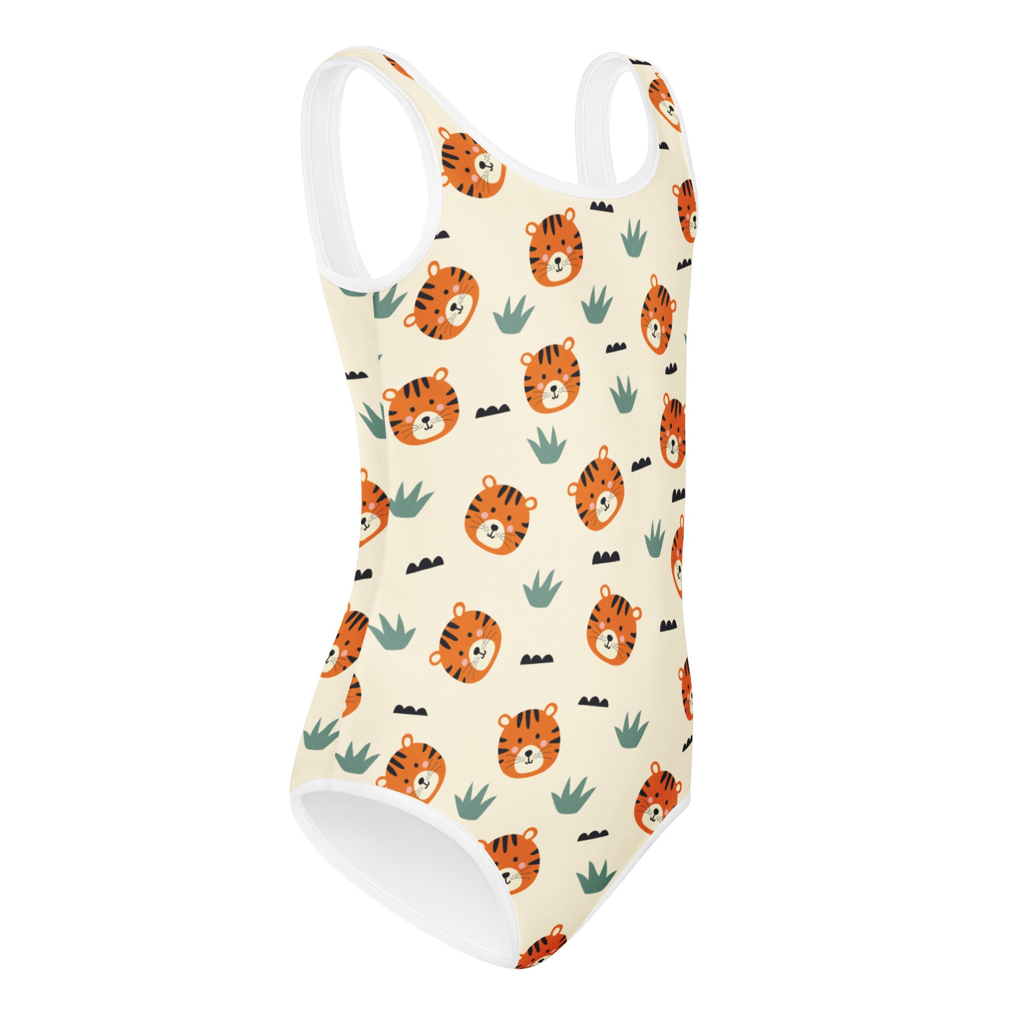 Girls tiger print buttery soft cream-colored leotard with orange tiger faces and green cactus for dance and gymnastics