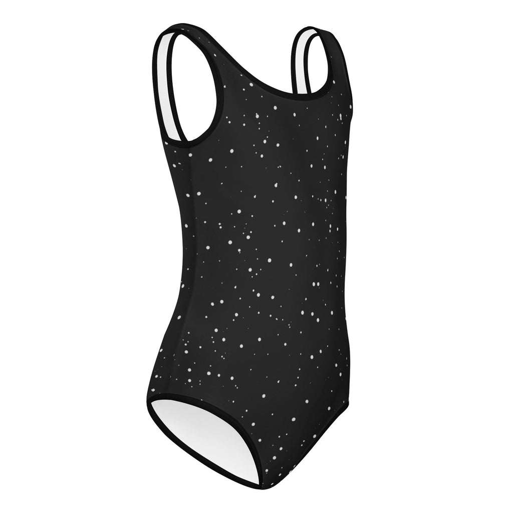 Girls snowfall buttery soft leotard in black with white speckles and thin straps designed for dance and gymnastics