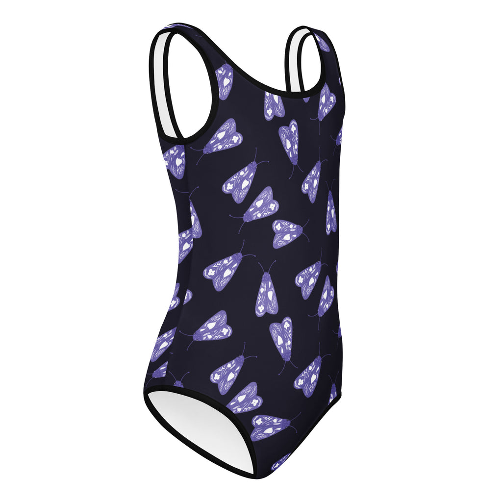 Girls purple moth buttery soft navy blue one-piece swimsuit with thin straps quick drying for dance and gymnastics