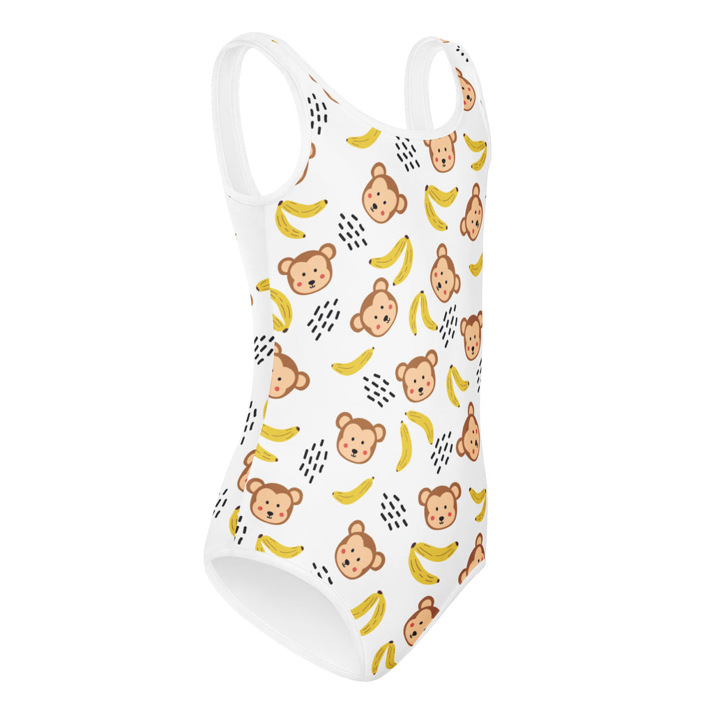 Girls monkey buttery soft white one-piece swimsuit with playful cartoon monkeys and bananas for dance and gymnastics