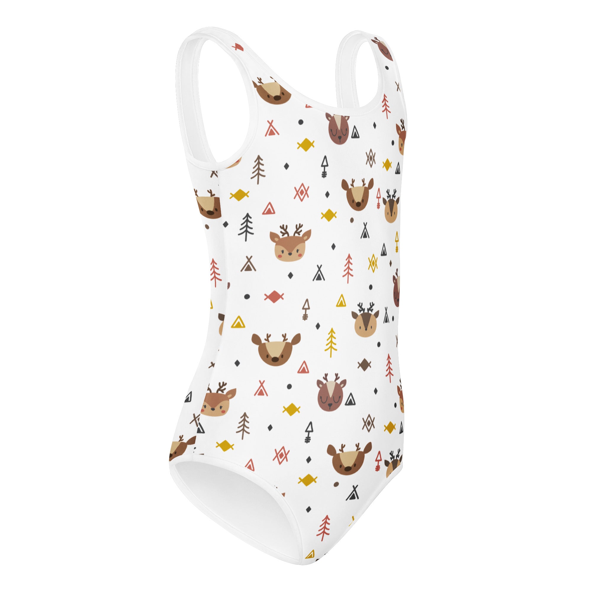 Girls woodland reindeer buttery soft white leotard with brown deer heads and trees pattern for dance and gymnastics