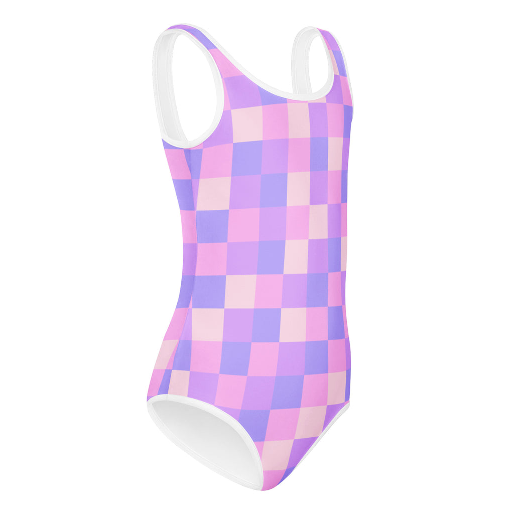 Girls purple checkered buttery soft one-piece swimsuit with white trim quick drying for dance and gymnastics