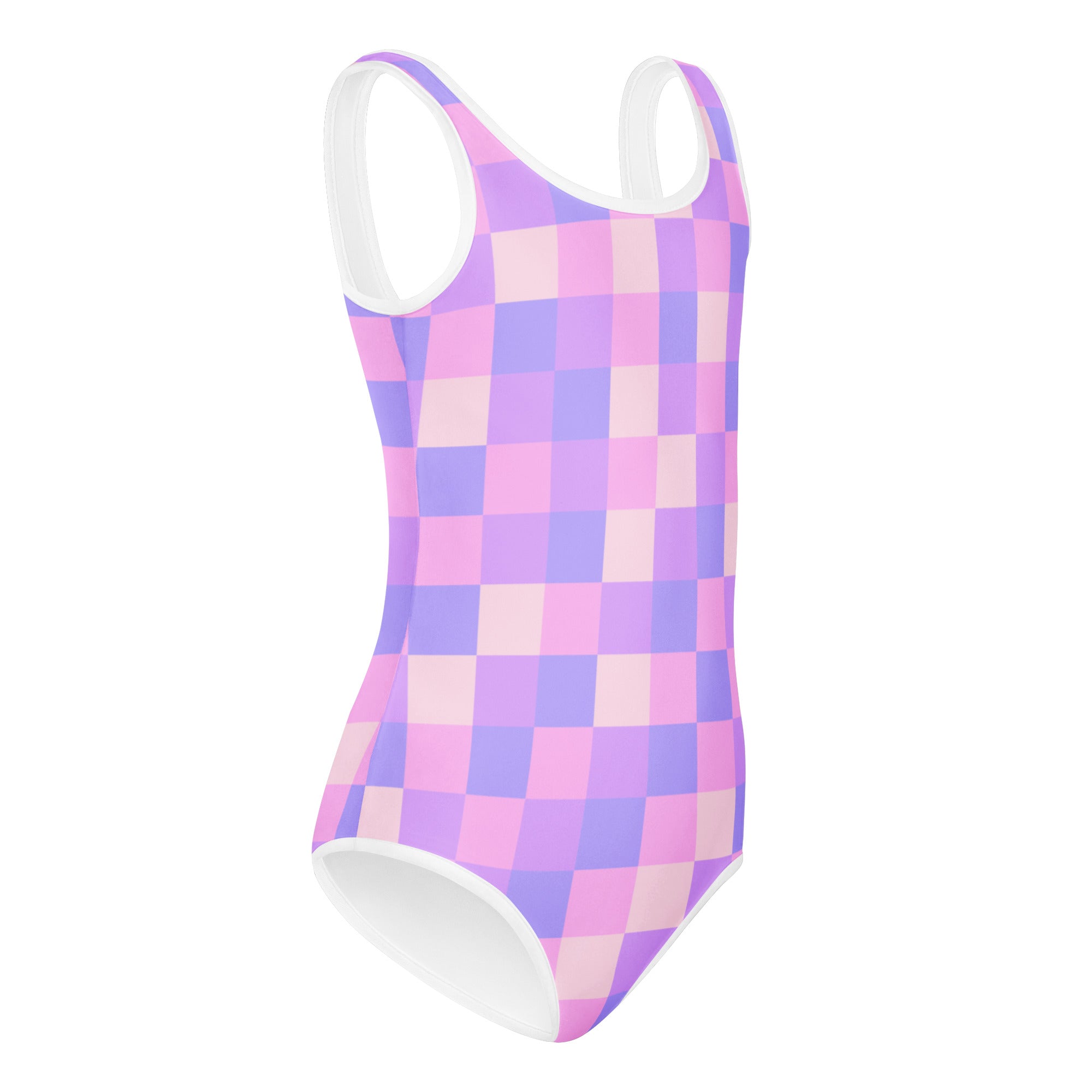 Girls purple checkered buttery soft one-piece swimsuit with white trim quick drying for dance and gymnastics