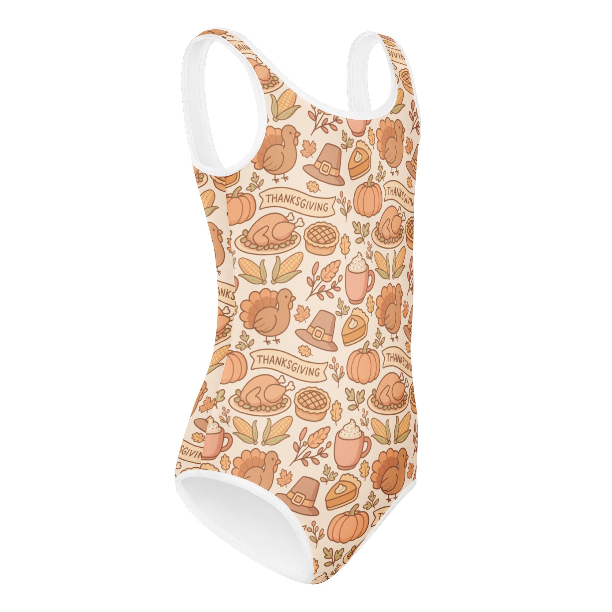 Beige girls thanksgiving buttery soft leotard with white trim and festive turkey pumpkin pie pattern for dance and gymnastics