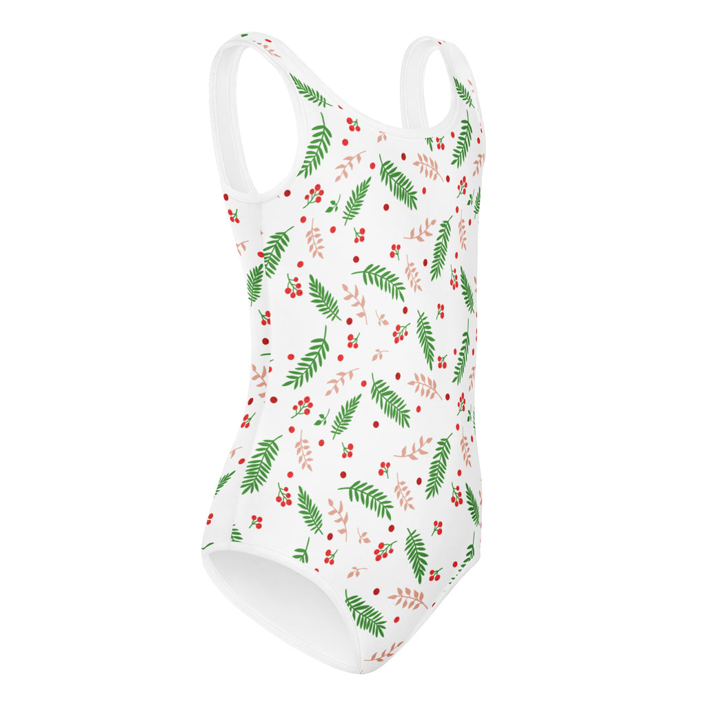 Girls holiday holly buttery soft white leotard with green fern leaves and red berries quick drying for dance and gymnastics