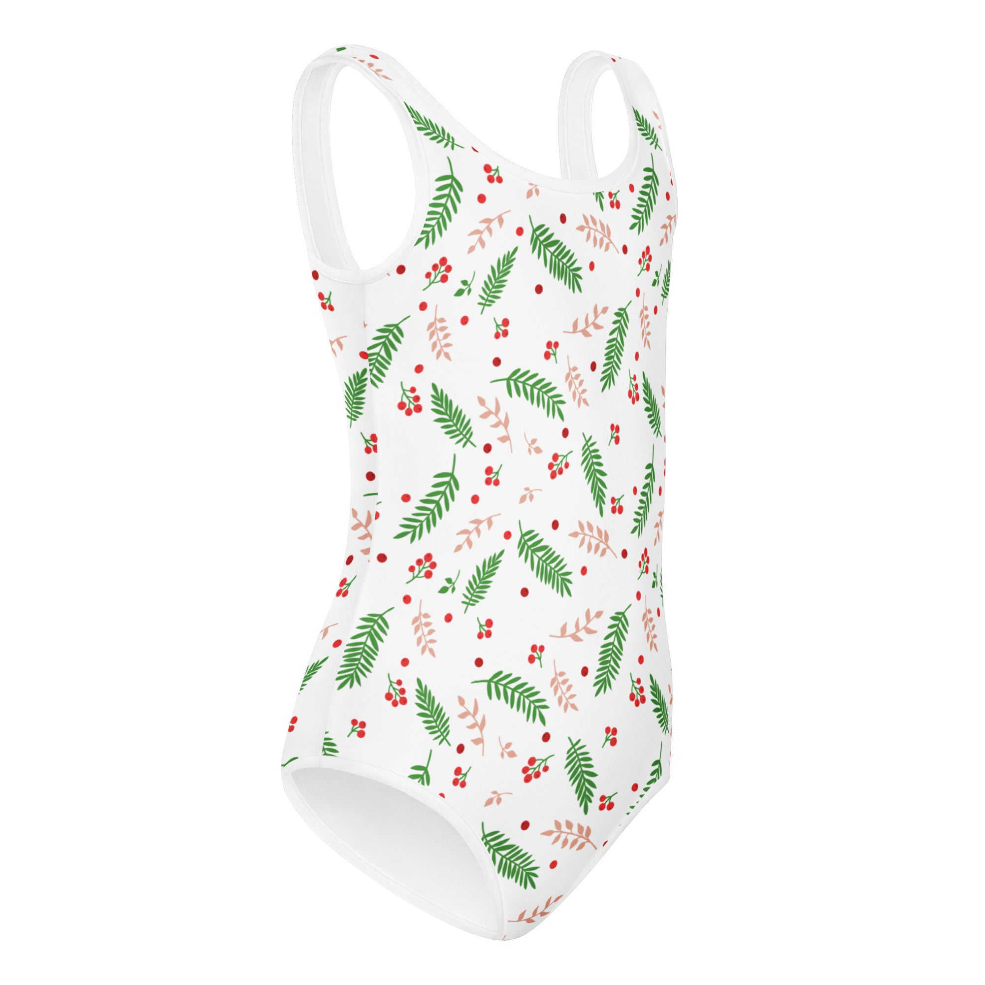 Girls holiday holly buttery soft white leotard with green fern leaves and red berries quick drying for dance and gymnastics