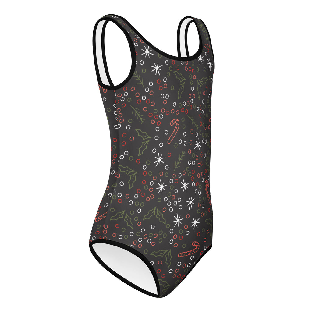 Girls gray buttery soft one-piece swimsuit with festive stars candy canes holly for dance and gymnastics