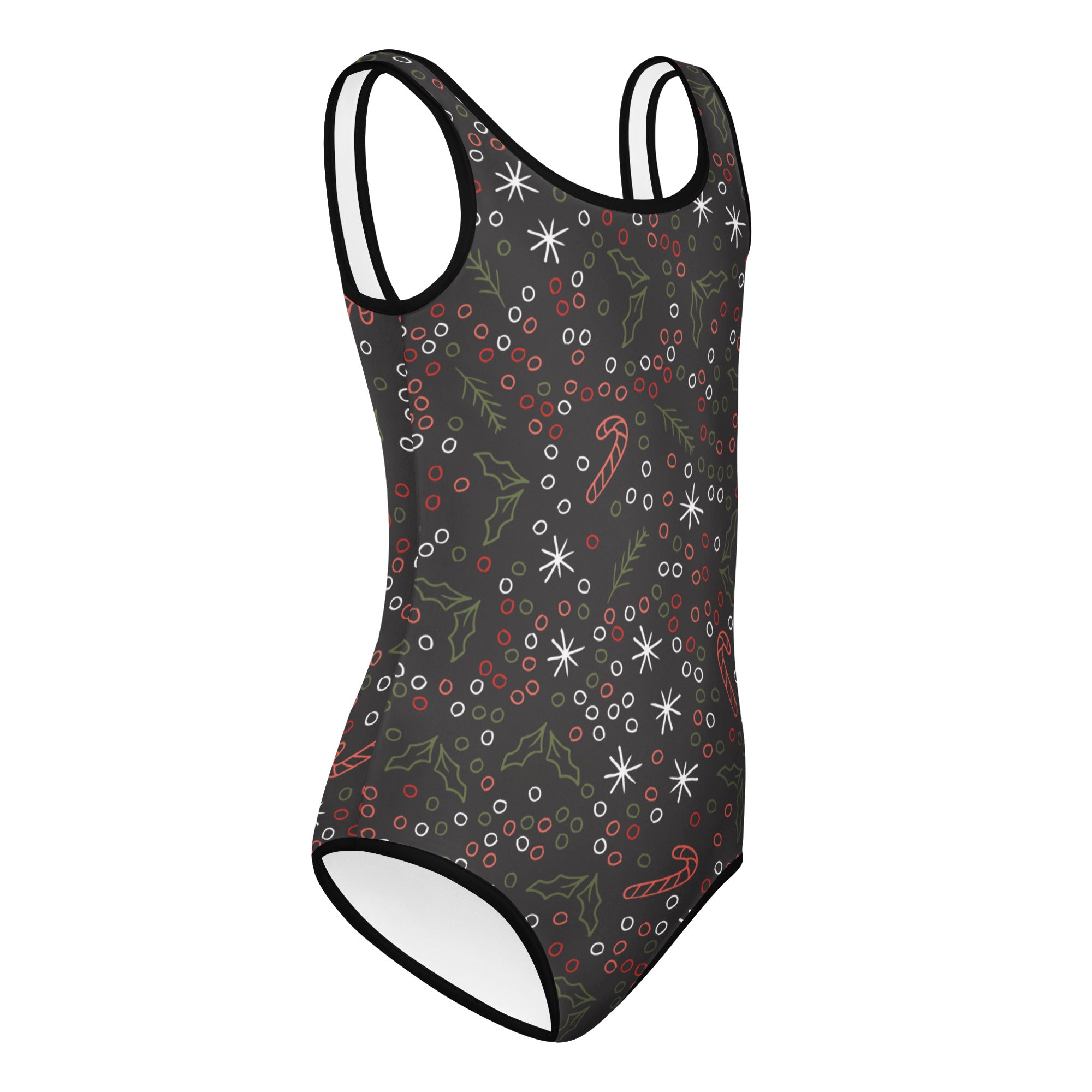 Girls gray buttery soft one-piece swimsuit with festive stars candy canes holly for dance and gymnastics