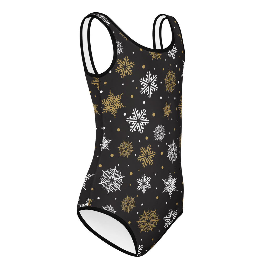 Girls gold snowflake buttery soft black one-piece swimsuit with white and gold snowflake patterns for dance and gymnastics