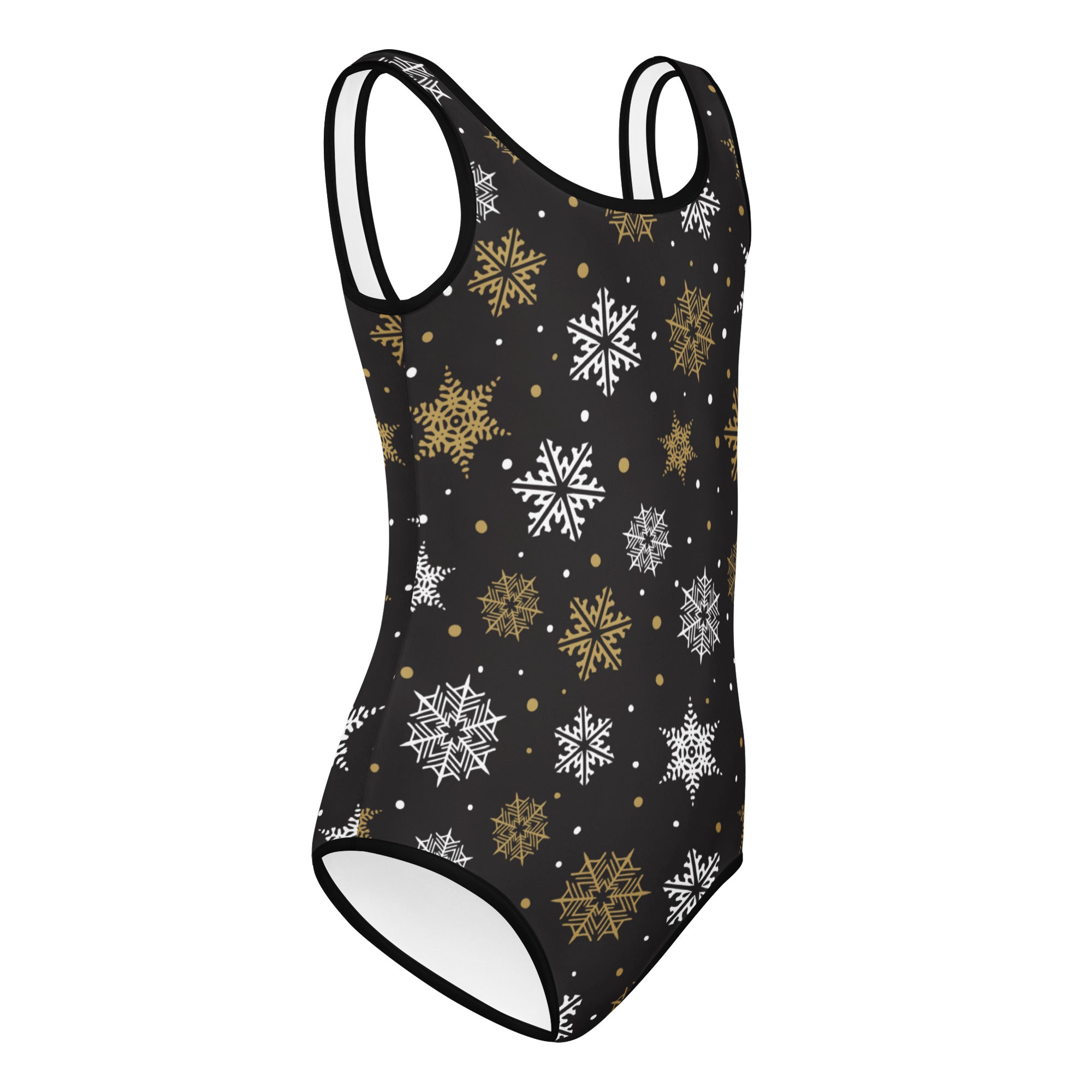 Girls gold snowflake buttery soft black one-piece swimsuit with white and gold snowflake patterns for dance and gymnastics