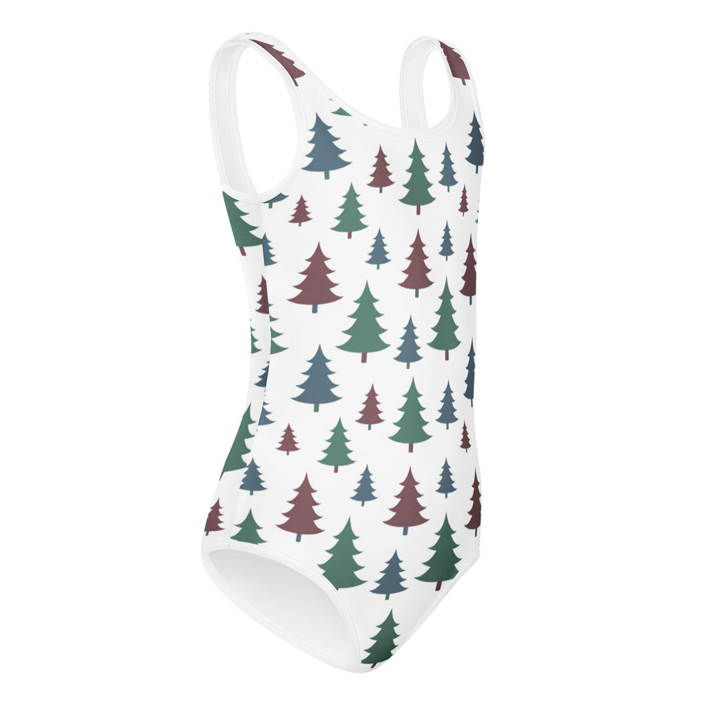 White one-piece girls Christmas tree buttery soft quick drying leotard with evergreen tree pattern for dance and gymnastics