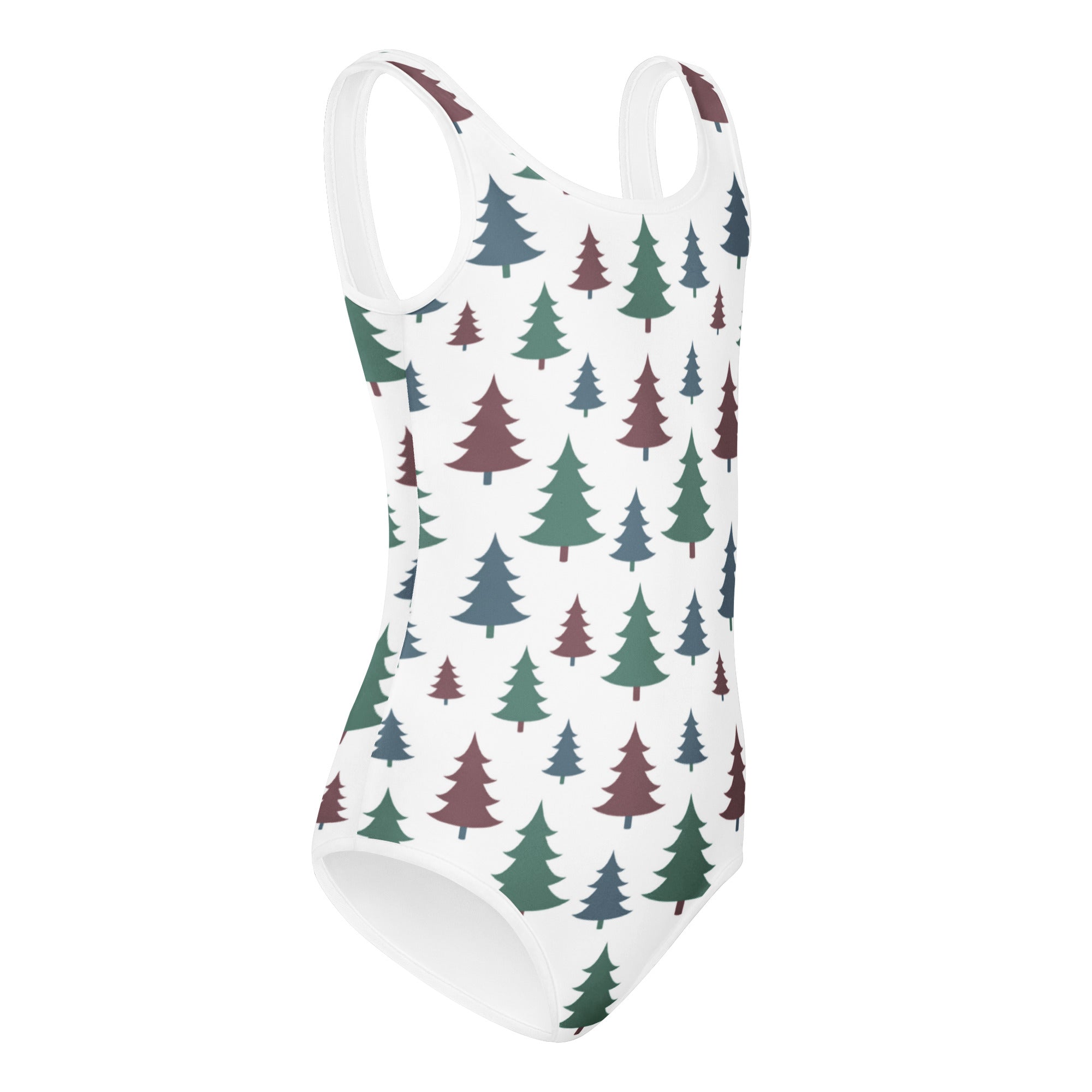 White one-piece girls Christmas tree buttery soft quick drying leotard with evergreen tree pattern for dance and gymnastics