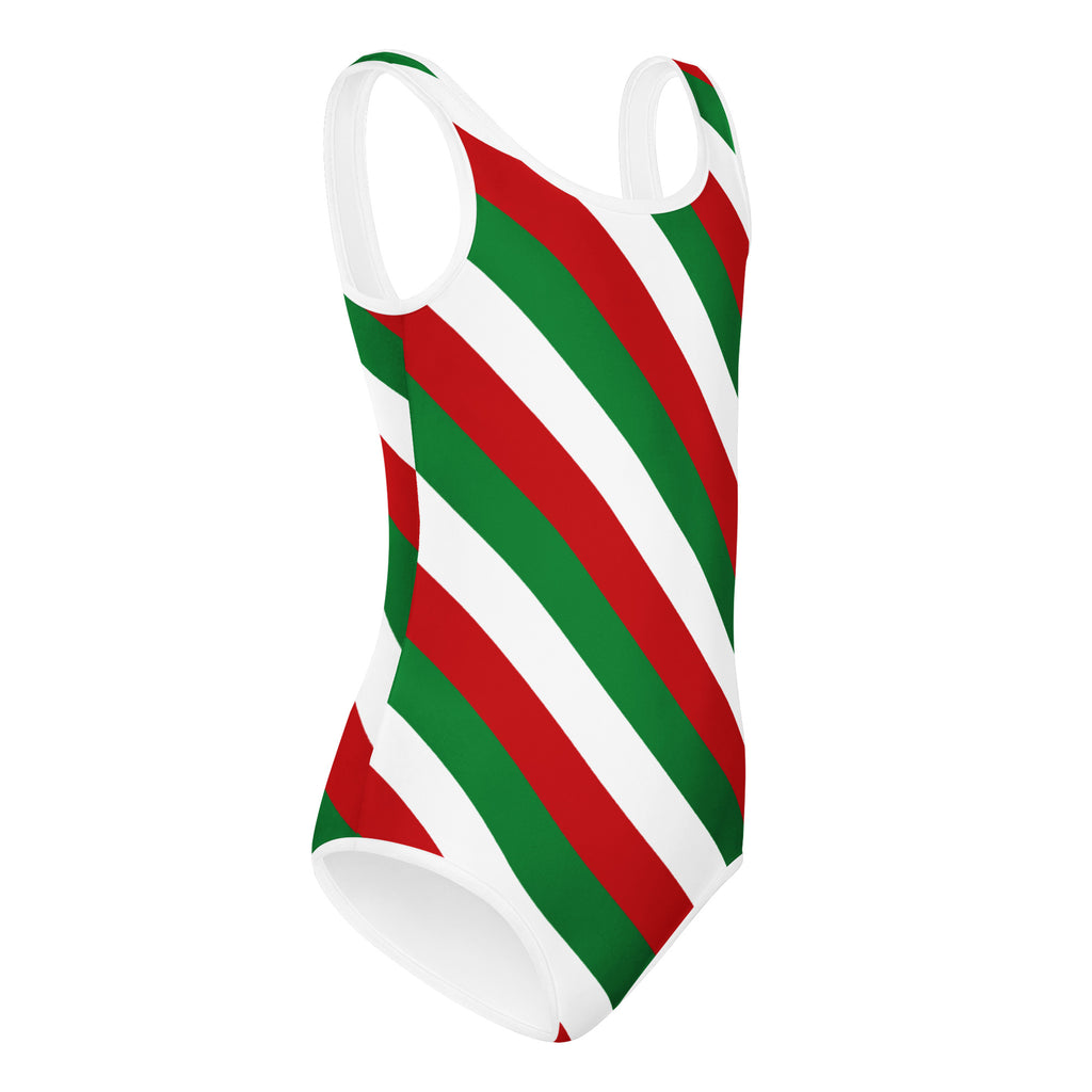 A festive red green and white striped girls buttery soft leotard designed for quick drying dance and gymnastics