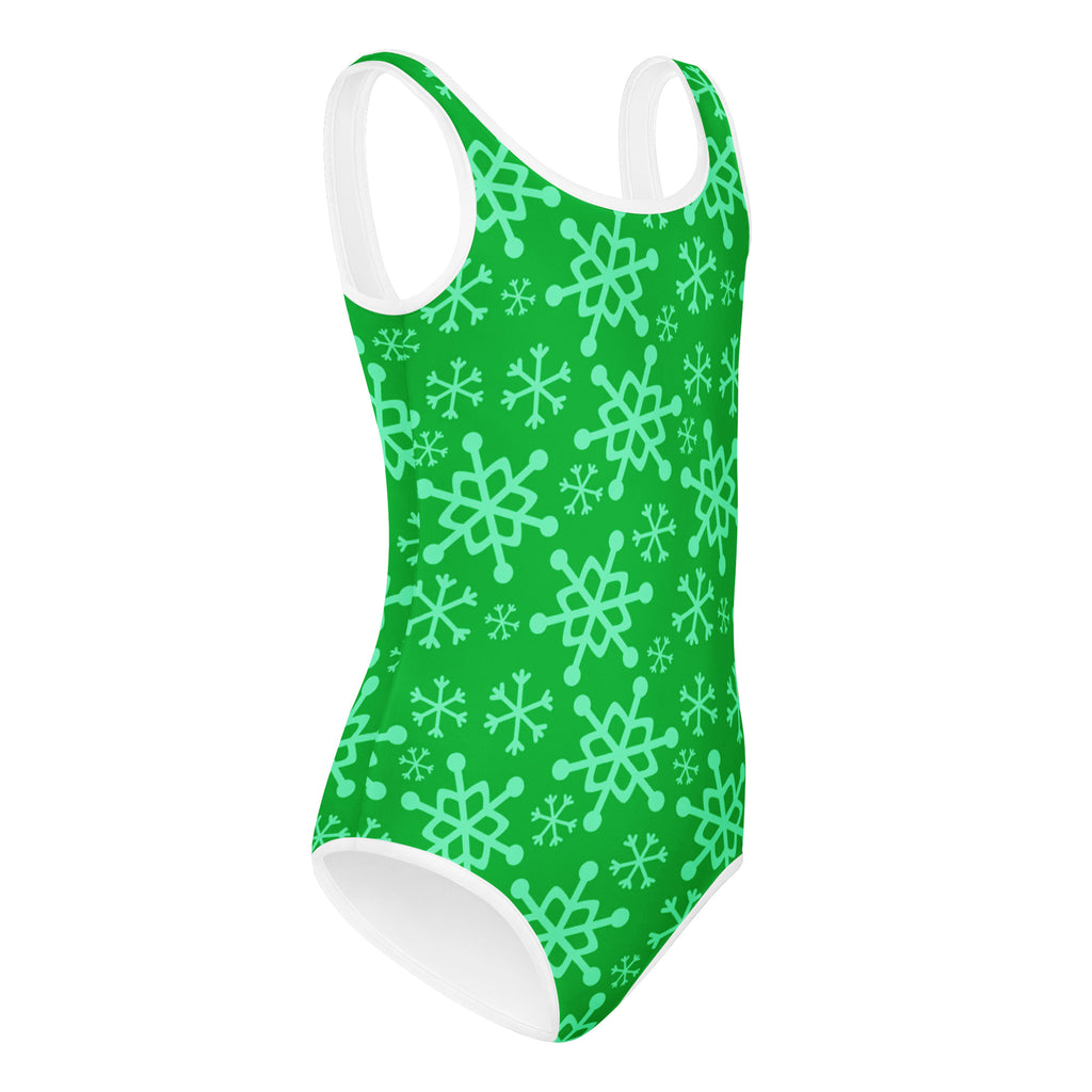 Girls green snowflakes buttery soft leotard with white trim and light mint snowflake pattern for dance and gymnastics