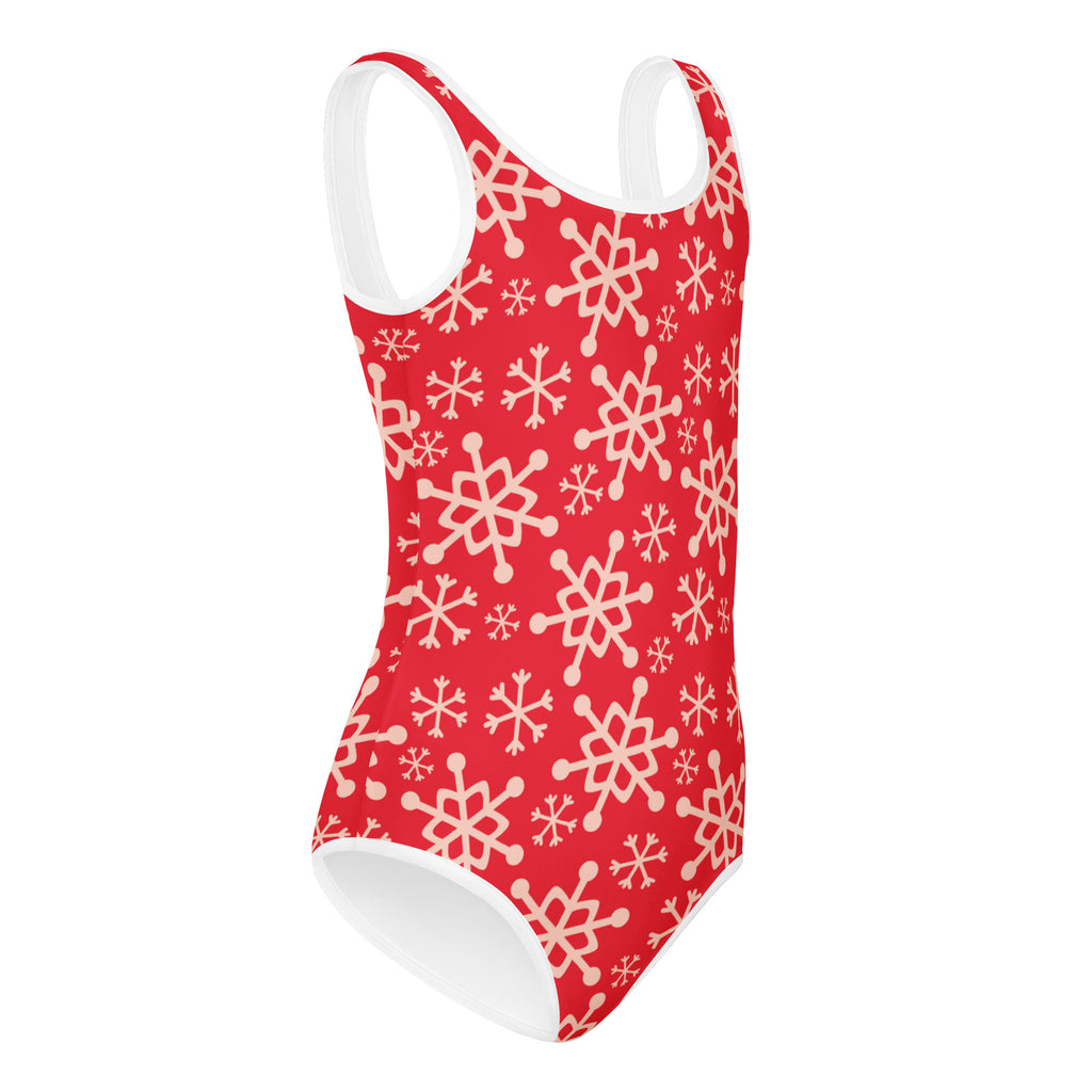Girls red buttery soft leotard with white snowflake pattern and trim quick drying for dance and gymnastics