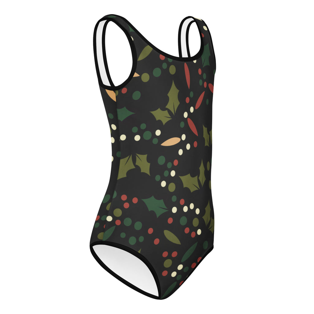 Girls holly berry Christmas buttery soft black leotard with festive holly pattern for dance and gymnastics