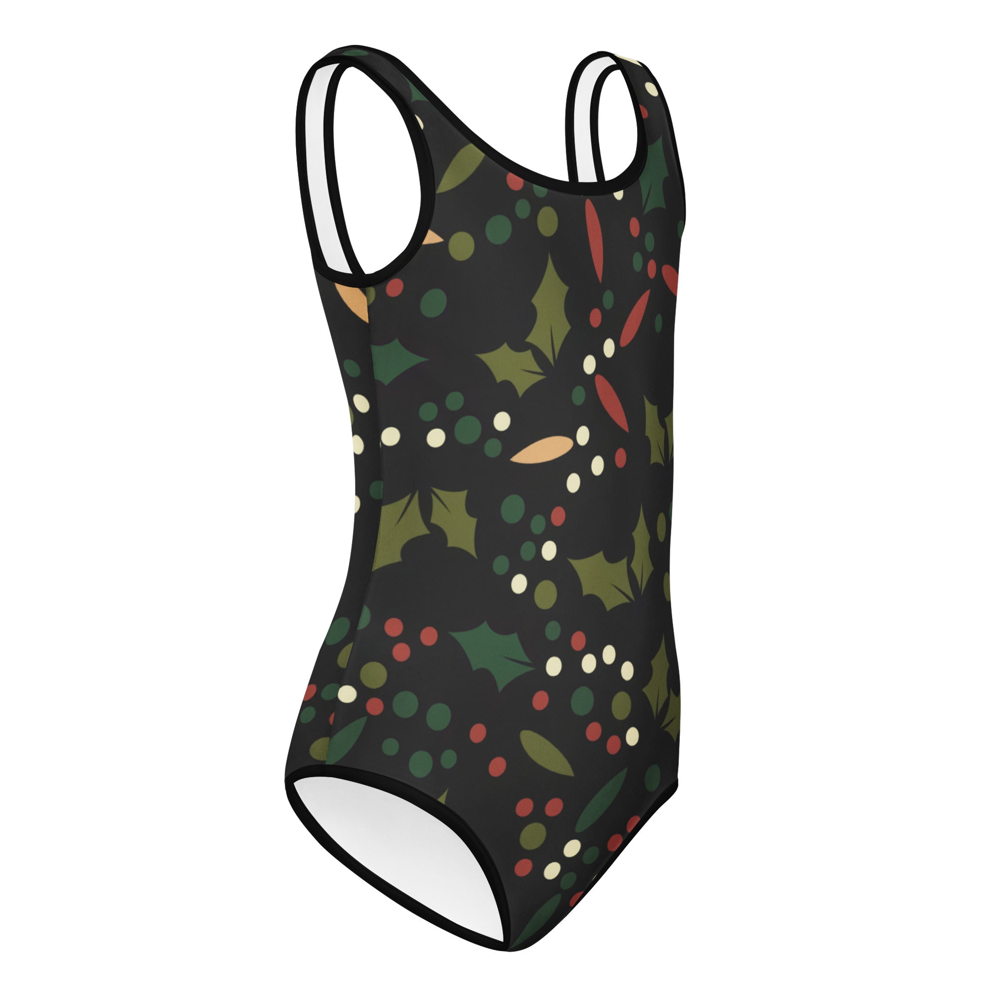 Girls holly berry Christmas buttery soft black leotard with festive holly pattern for dance and gymnastics