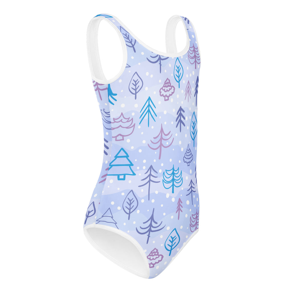 Girls winter trees buttery soft light blue one-piece leotard with white trim and quick drying fabric for dance and gymnastics