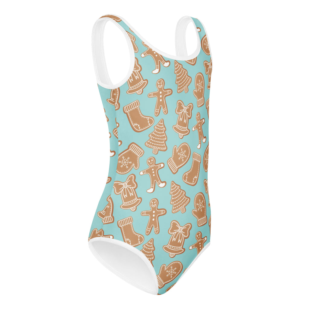 Turquoise girls gingerbread cookie buttery soft leotard with white trim and festive print for dance and gymnastics