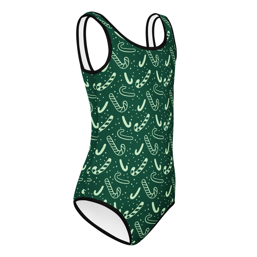 Dark green girls one-piece swimsuit with white candy cane and dot patterns black trim quick drying for dance and gymnastics