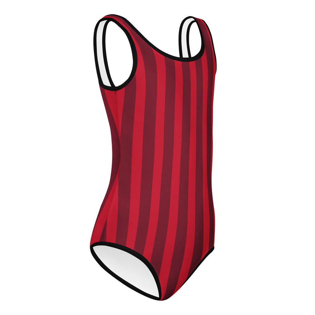 Girls red and maroon striped buttery soft one-piece swimsuit with white lining quick drying for dance and gymnastics